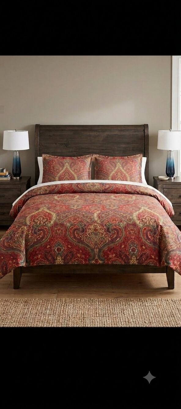 Pottery Barn Red Paisley Floral Cotton King Duvet Cover Pillow Shams